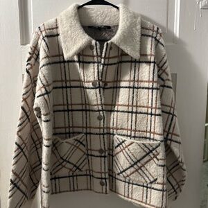CHARLIE B Plaid Teddy Jacket in Cream and Brown